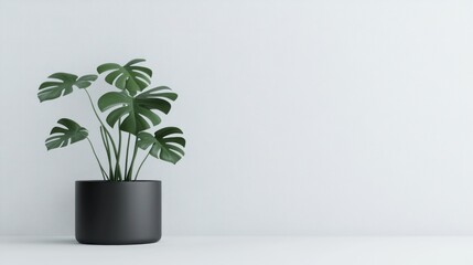 Minimalist Monstera plant in black pot, white room, copy space, interior design