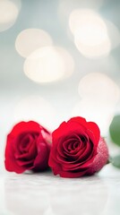 Fototapeta premium Two red roses lying on a white surface with blurred lights in the background for romance.