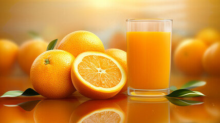 Glass of orange juice and fresh oranges