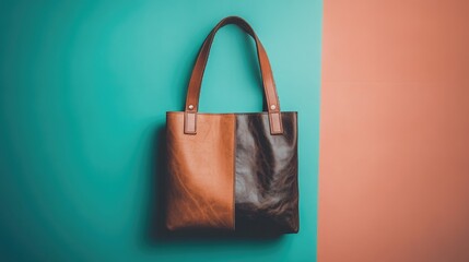 A leather tote bag displayed on a coral and turquoise gradient background, with balanced natural light.