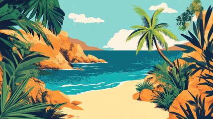 Tropical beach cove scene with palm trees and lush foliage