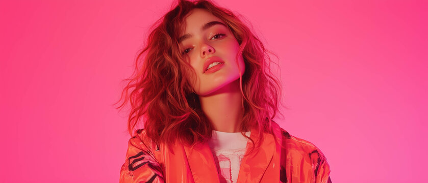 Joyful teenage girl poses in vibrant studio setting with pink background