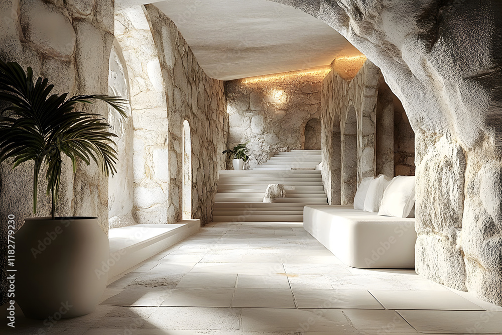 Poster stock photo features a realistic 3d rendering of an old stone building room with concrete elements, 