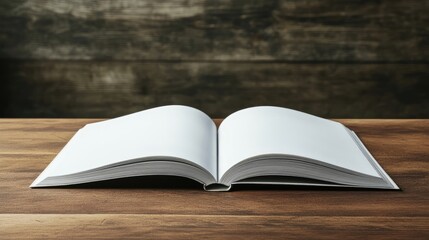 Fototapeta premium An open magazine showing two clean, minimal pages on a wooden desk.