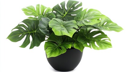 Artificial Monstera deliciosa plant in black pot, studio shot, white background, home decor