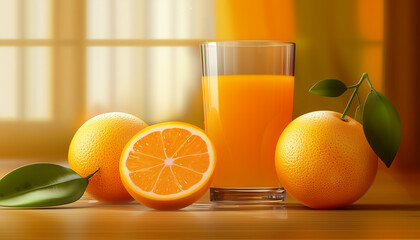 Glass of orange juice and oranges