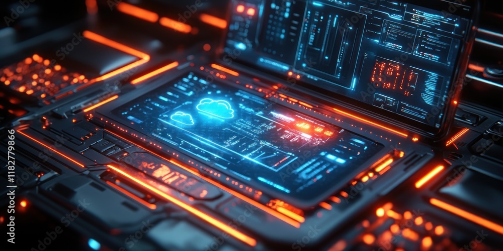 Aufkleber futuristic digital workspace with holographic cloud data visualization and minimalistic design