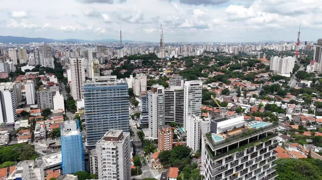 Aerial video above Parque Ibirapuera Sao Paulo on a sunny day