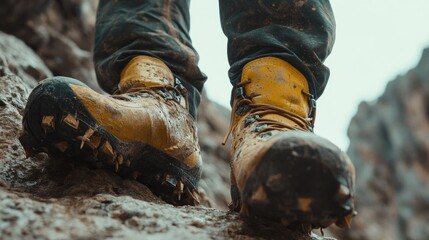 An extreme close-up of climbing shoes on a rocky surface, showcasing grip and precision.
