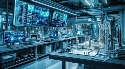 Fototapeta premium An image of a high-tech laboratory with screens displaying data analysis,