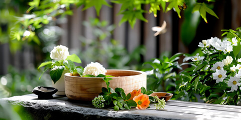 A tranquil outdoor spa scene featuring white flowers, a wooden bowl, rolled towels, and soft natural light on a stone ledge.  
