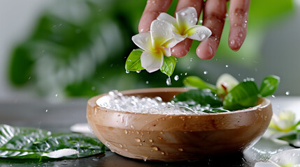Zbliżenie dłoni wylewającej wodę na świeże zielone liście w drewnianej misce, w otoczeniu uspokajającej atmosfery spa