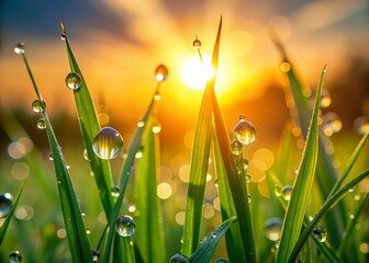 Fototapeta premium Dew Drops on Lush Green Grass - Nature Background Stock Photo