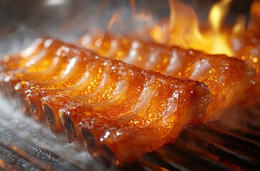 Deliciously Grilled Barbecue Ribs Glazed in Sweet Sauce with Smoke and Flames Emitting from Grill for a Mouthwatering Culinary Experience