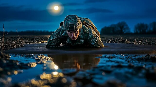 Young Asian man, a soldier, crawls through muddy terrain at night under a full moon. The scene evokes themes of endurance, military training, and determination.