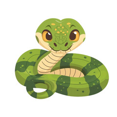 Fototapeta premium A cartoon green snake with a cute expression, coiled up in a friendly pose.