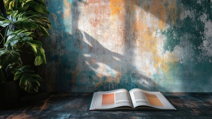 An artistic PSD mockup of a colorful magazine layout spread out on a textured background.