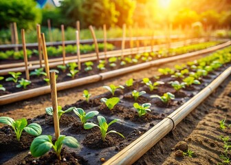 DIY Organic Home Garden: Rows of Seedlings Growing with Wooden Stakes
