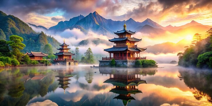 Double Exposure: Ancient Chinese Paba Temple & Serene Landscape