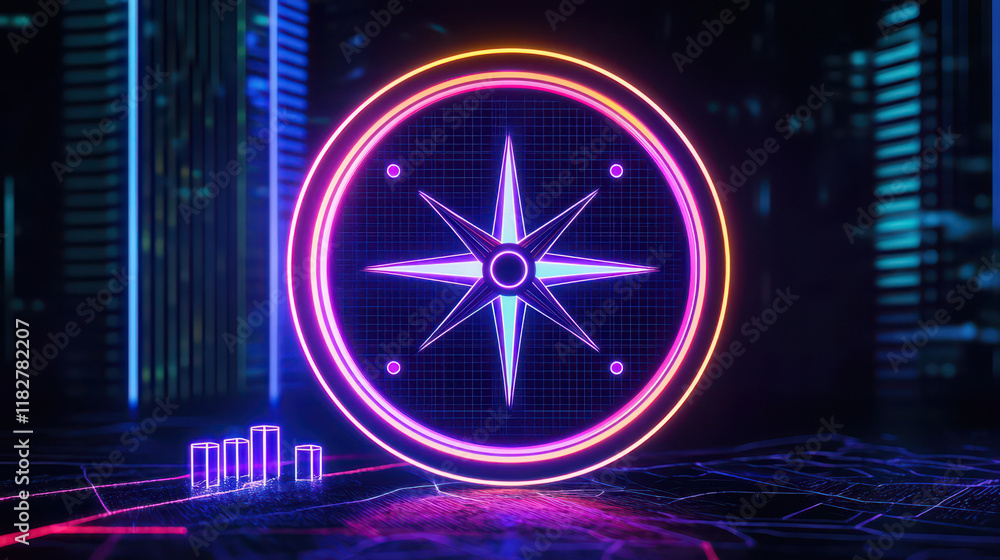 Poster concept of goal setting motivation timeline. a vibrant neon compass design against a digital backdro