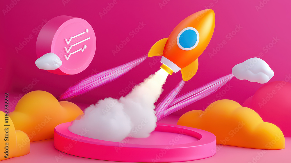 Poster concept of goal setting motivation timeline. colorful rocket launching amidst playful clouds and a c