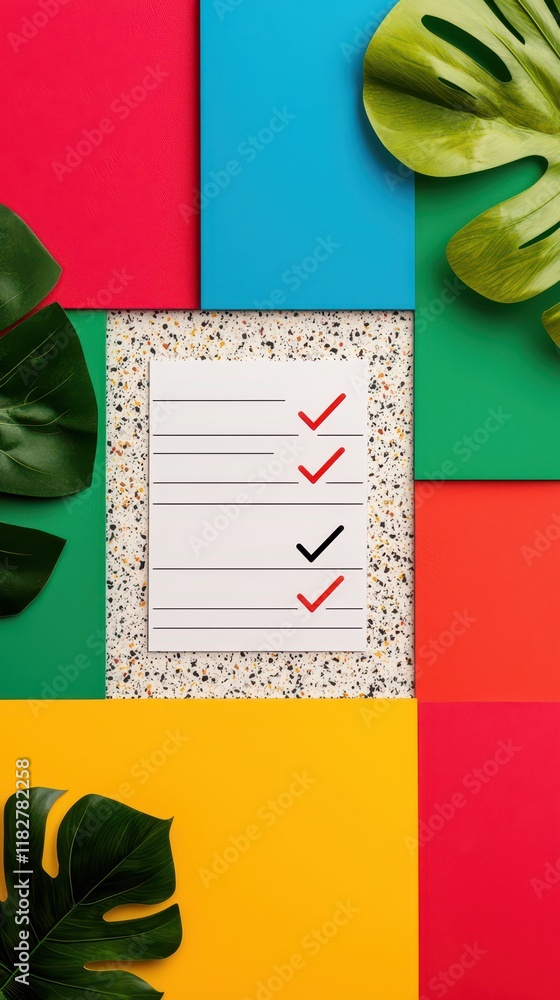 Poster concept of goal setting motivation timeline. a colorful flat lay featuring a checklist with check ma