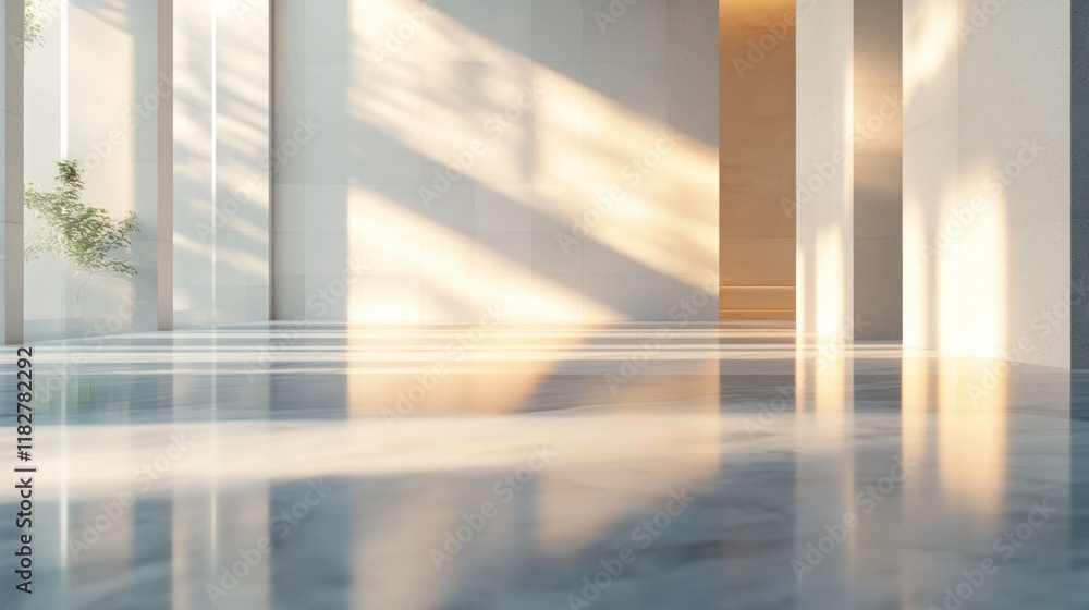 Poster bright empty interior space with soft natural light casting shadows on the floor. generative ai
