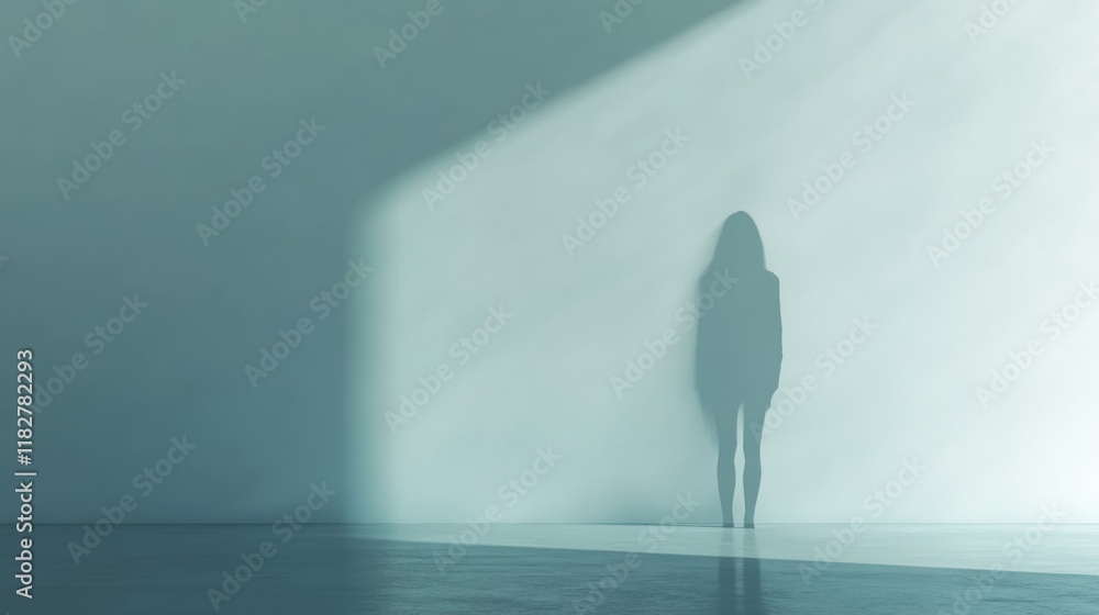 Poster silhouette of a person standing against a stark wall in soft light creating an intriguing shadow. ge