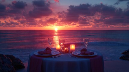 Romantic beachfront dinner at sunset with a beautifully set table and soft ocean waves. Generative AI