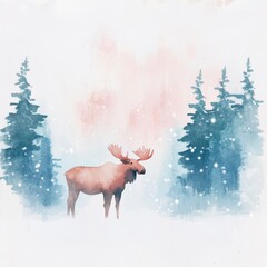 A serene watercolor depiction of a moose in a snowy forest setting, surrounded by tall evergreen trees and gentle snowfall.