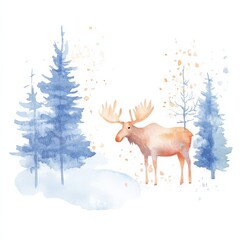 A serene watercolor scene featuring a moose amidst blue pine trees and soft snow, evoking a peaceful winter wilderness.