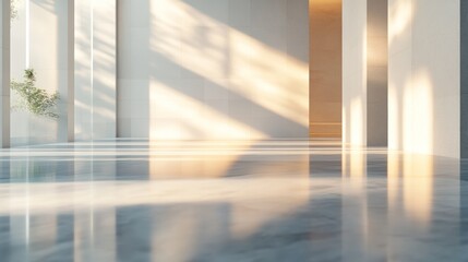 Bright empty interior space with soft natural light casting shadows on the floor. Generative AI