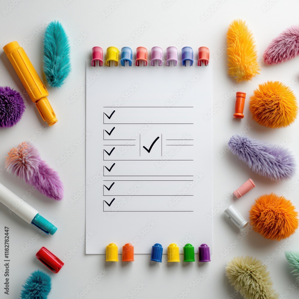 Poster concept of goal setting motivation timeline. a checklist with colorful pom-poms and markers arranged