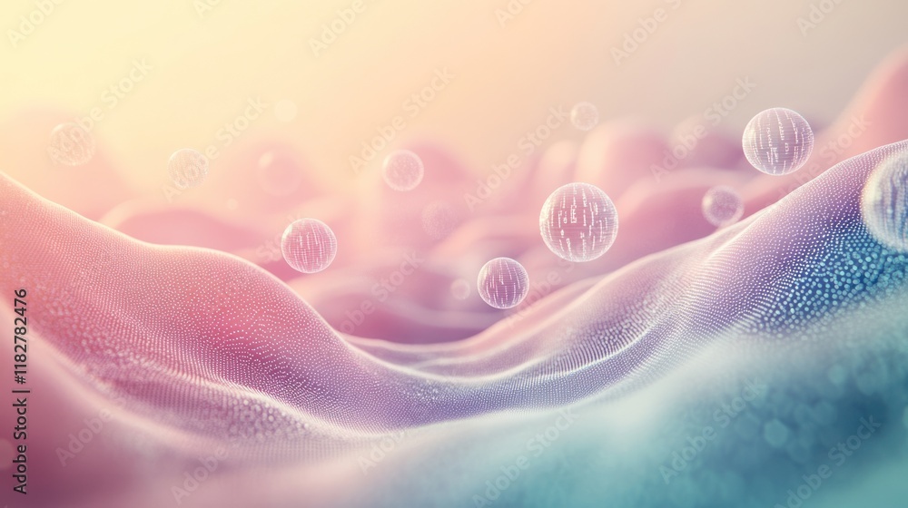 Poster abstract representation of colorful waves with bubbles under soft lighting in a dreamy atmosphere. g