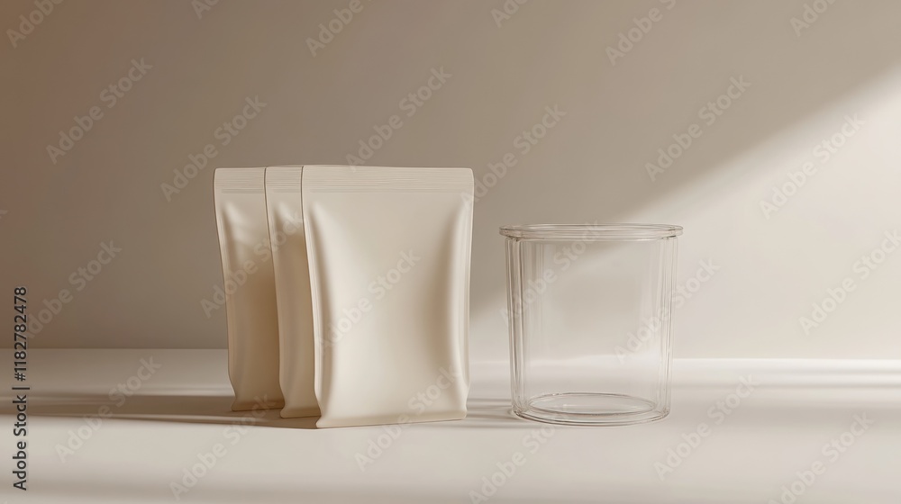 Poster simple arrangement of minimalist packaging on a bright surface with soft shadows and natural light. 