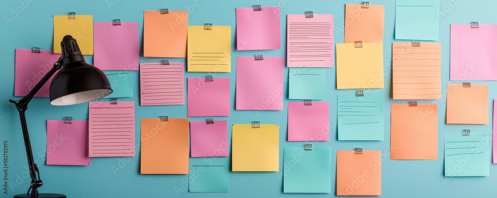 Poster concept of goal setting motivation timeline. a colorful wall of sticky notes in various shades, acco
