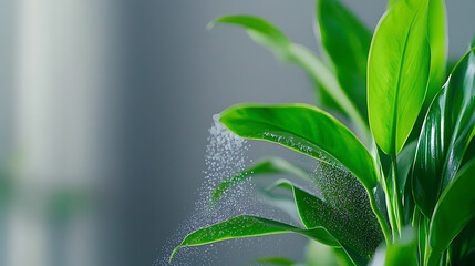 Obraz premium Lush green plant with large leaves releasing moisture in serene setting