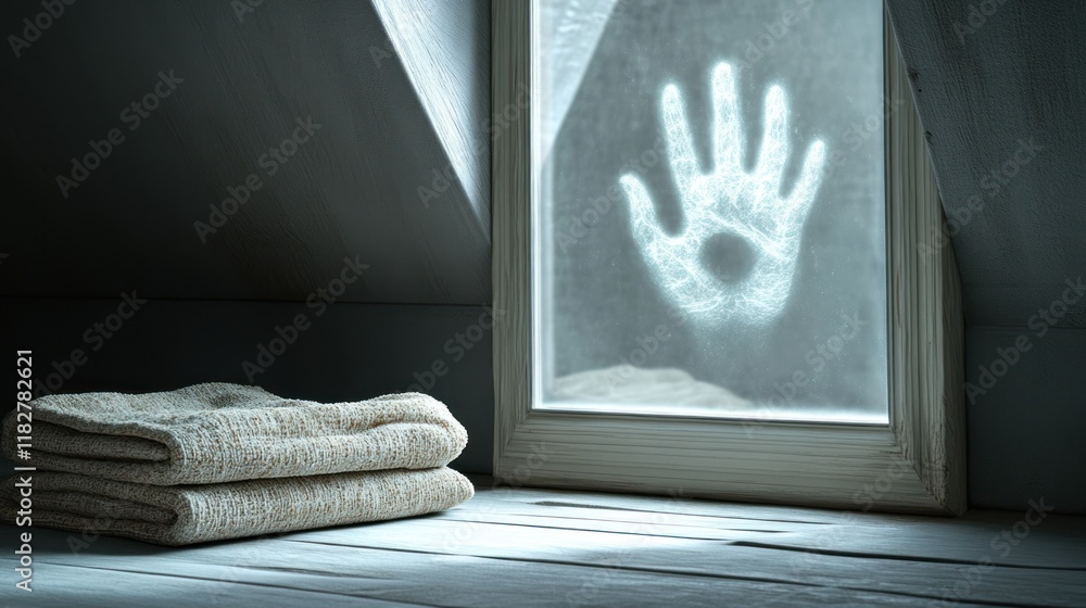 Poster mysterious handprint on a foggy window in an attic with folded towels on the floor. generative ai