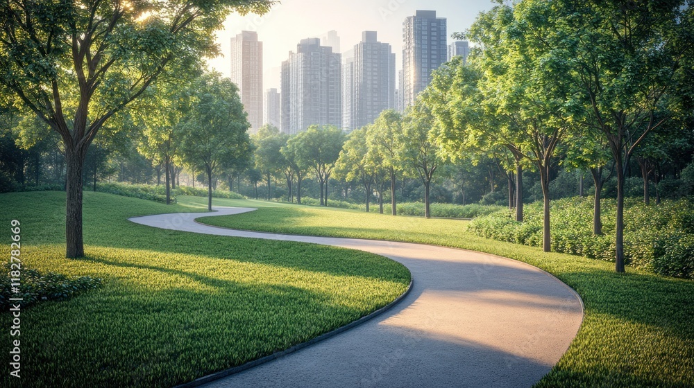 Poster green park pathway winding through trees with a city skyline in the background during golden hour. g