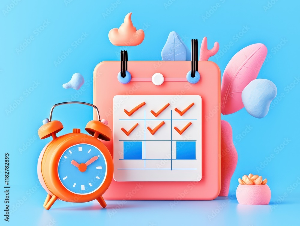 Poster concept of goal setting motivation timeline. a colorful 3d calendar with checkmarks and a clock, rep