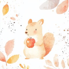 A cute, illustrated squirrel holding an apple, surrounded by soft autumn leaves and a light, whimsical background.