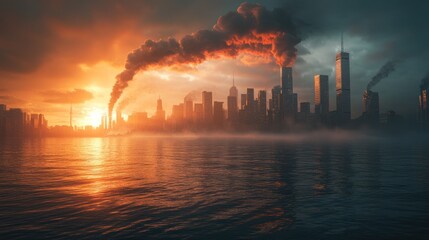 Naklejka premium Dramatic sunset over city skyline shrouded in smoke with reflections on the water. Generative AI