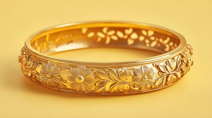 A radiant gold bangle with floral engravings set against a vibrant yellow background, radiating warmth