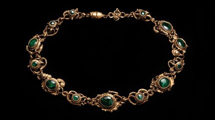Fototapeta premium A radiant gold necklace with emerald inlays displayed on a stark black background, emphasizing contrast