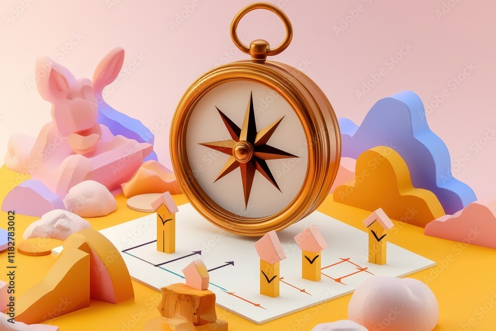 Poster concept of goal setting motivation timeline. a colorful compass surrounded by playful shapes and str