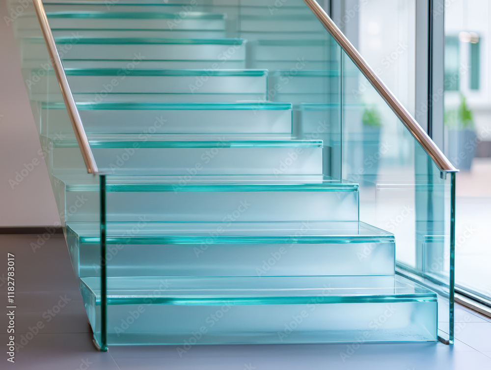 Poster concept of goal setting motivation timeline. a modern glass staircase with transparent steps and a s