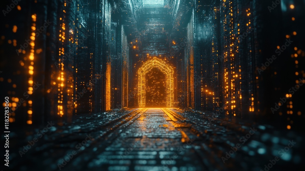 Poster mysterious glowing archway at the end of a dark digital corridor with intricate patterns. generative