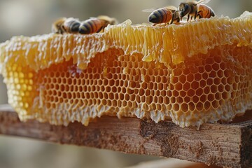 Honeycomb filled with golden honey and bees working diligently in a natural setting. Generative AI