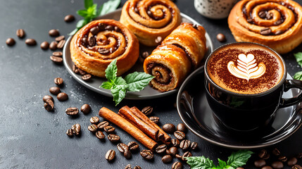 Delicious espresso served with freshly baked cinnamon rolls and coffee beans