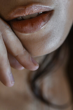 Close Up Macro of Woman's Lips with a lot of Freckles